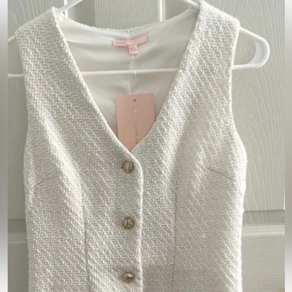BeBop Ivory Textured V-neck Vest Style Mini Dress (Medium) with Gold Buttons - Picture 2 of 10